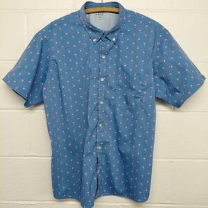 IZOD Mens XXL All Over Flamingo Print Blue Performance Button Up Beach Collared